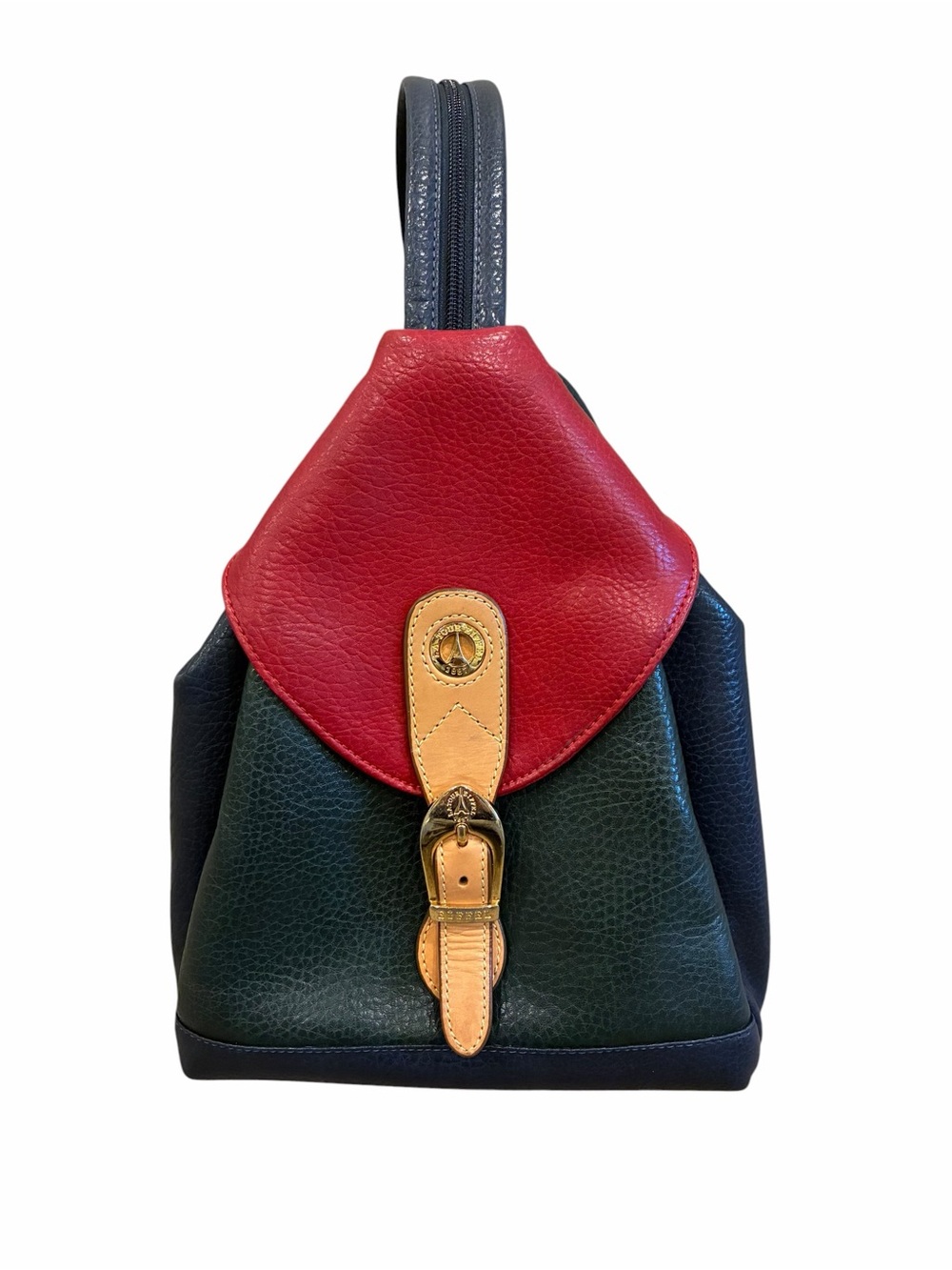 Vintage La Tour Eiffel Colorblock Backpack Gold Hardware Red Navy Zip Straps